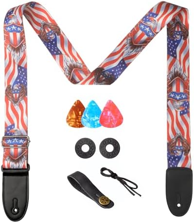 AZOR Guitar Straps for Acoustic Electric Guitar Bass, Vintage Woven Guitar Strap Adjustable with Genuine Leather Ends,Come with Strap Button 1 Pair Strap Locks and 3 Guitar Picks(21029)