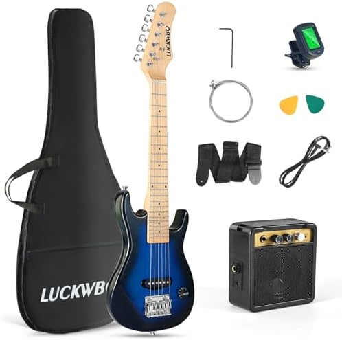 30 Inch Kids Electric Guitar Beginner Kits ST Style Mini Electric Guitar for Boys Girls，Electric guitar Starter Kit w/ 5W Amplifier, Strap, Gig Bag, Strings, tuner，strings，Picks（Blue Burst）