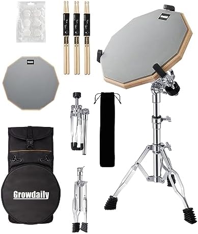 Drum Practice Pad Snare Drum Stand Set 12 In With Double Sided Silent Drum Pad,Drum Dampeners Gel, Drum sticks,Carrying Bag Adjustable Stand(Fits 10''-14'' Drums)