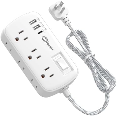 Short Extension Cord 5 ft - Flat Plug Small Power Strip Surge Protetor with 6 Outlets 3 USB (5V/3.4A 17W) Charging Ports, Multi Plug Wall Outlet Splitter for Home Office Dorm Roomc, White