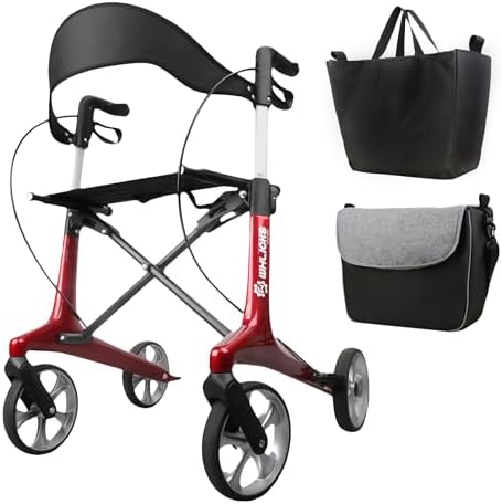 Carbon Ultralight Rollator Walker for Seniors with 2 Organizer Bags, Comes Fully Assembled, Only 13lbs Lightweight Foldable 4 Wheel Walker with Seat and Brakes, 330 lbs Capacity Rolling Walker