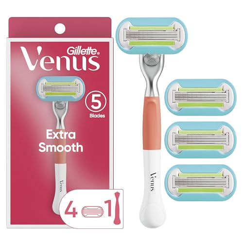Gillette Venus Extra Smooth Pink Women's Razor, 5 Bladed Razor, Pivoting Head, Lubrastrip for Irritation-Free Shave, Handle + 4 Blade Refills
