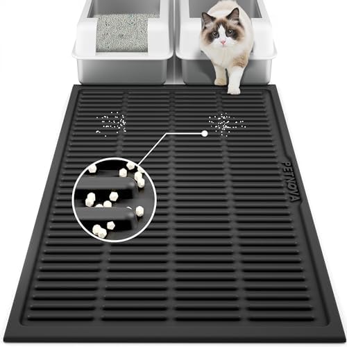 Extra Large Litter Mat: Silicone Litter Box Mat Easy Clean - Waterproof Kitty Litter Mat Litter Trapping Mat for Floor - Anti Tracking Cat Litter Catcher Mat Washable (Black, 40”x30”)