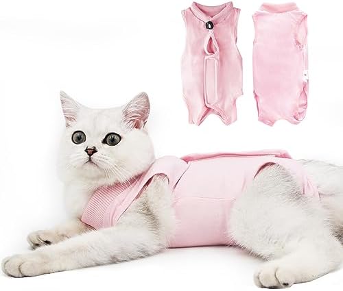 Cat Recovery Suit for Male and Female Surgical Post Surgery Soft Cone Onesie Shirt Clothes Neuter Licking Protective Diapers Outfit Cover Kitten Spay Collar(S, Pink)