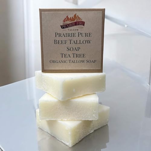 Pure Beef Tallow Soap Bar, (3 Pack) Grass Fed and Finished - Face, Body and Hair - Cleans, Moisturizes, Soothes, and Hydrates. Natural and Organic Tea Tree
