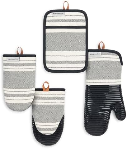 KITCHENAID Vintage Stripe Oven Mitt, Mini Oven Mitt & Pot Holder 4-Pack, 100% Cotton, Heat Resistant, Onyx Black/Ivory, 7"x14", 5.5"x9" & 7"x10"