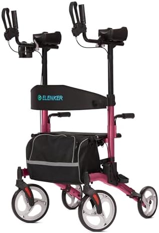 ELENKER Upright Rollator Walker, Stand Up Rolling Walker, Mobility Walking Aid with 10” Front Wheels, Seat and Armrest for Seniors and Adults, Red