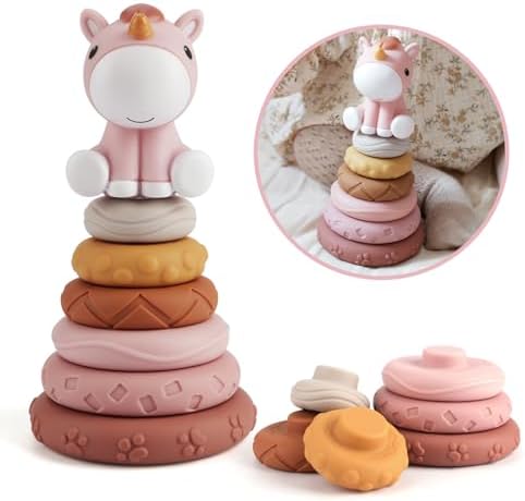 Nueplay 7 Pcs Stacking & Nesting Baby Toys, Squeeze Teething Toys and Building Circle with Pink Horse Figure, Newborn Essentials for 6 12 18 Months Toddler Girls