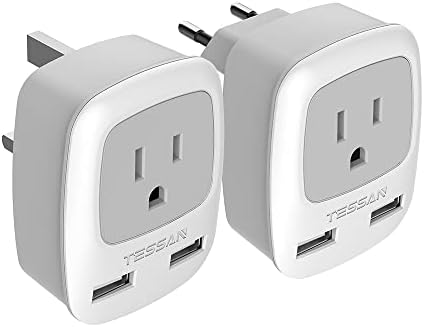 Type G and Type C Plug Adapter Bundle, TESSAN UK and European Travel Plug Adapter with 2 USB Ports for US to Europe EU Ireland Scotland Iceland Spain France Germany