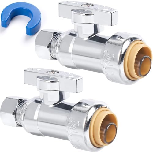 1/2" x 3/8" OD Compression Straight Stop Valve for PEX, Copper, CPVC Pipe and Water Line, Push to Connect Brass Plumbing Fitting, Quarter-Turn Shut Off Valve (2 Pack)