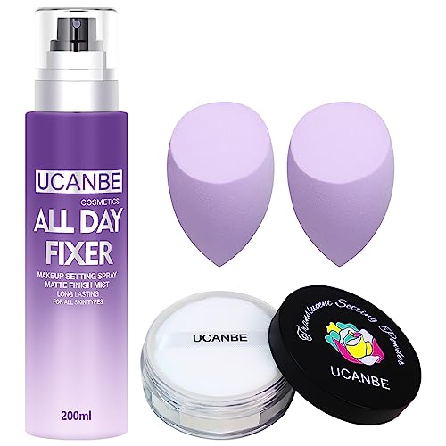UCANBEMAKUP Long Lasting Makeup Setting Spray Kit- 6.76 Fl oz Hydrating Matte Finish Mist Lightweight Face Make up Fixer +Translucent Loose Setting Powder+2PC Sponge Puff Set