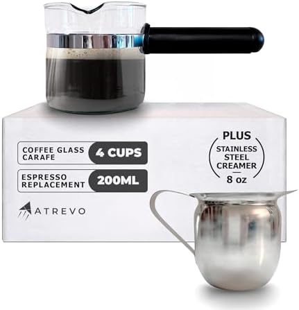 Espresso Carafe Glass Replacement - 4 Cup. Fits Most Espresso Machines, Mr. Coffee, Cuisinart, Breville. PLUS Stainless Steel Creamer (8oz).