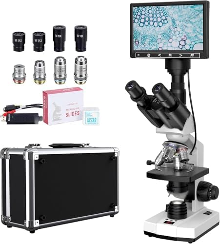 Lab Compound Trinocular Microscope with Thermostat Mechanical Stage, Dual-View Microscope for Adults with 40X-2500X Magnification, Premium Achromatic Objective, 7'' LCD Screen, Built-in 5MP Camera