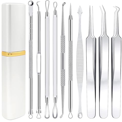 Pimple Popper Tool Kit - Boxoyx 10 Pcs Blackhead Remover Comedone Extractor Kit with Metal Case for Quick and Easy Removal of Pimples, Blackheads, Zit Removing, Forehead,Facial and Nose(All Silver)