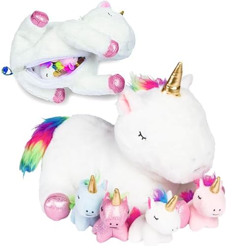 PixieCrush Unicorn Stuffed Animals with Babies Inside - 5-Piece Set of Mommy and Baby Unicorn Plush for Imaginative Play - Soft Cuddly Companion for Kids - Stuffed Animals for Girls Ages 3 to 8 Years