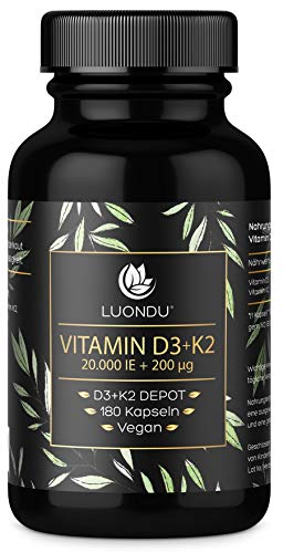 LUONDU Vitamin D3, 20,000 IU + Vitamin K2 MK7, 200 mcg Depot (180 Capsules High Dose and Vegan) Vitamin D3 K2 Capsules, High Dosage, One Capsule Every 20 Days, No Additives, Made in Germany