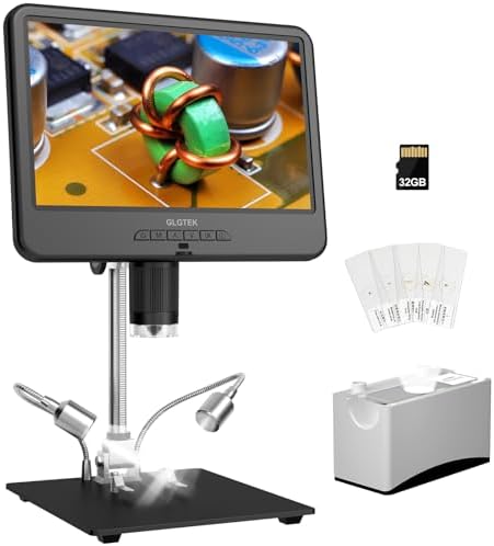 GLG210 10.1'' IPS Digital Microscope for Adults, Coin Microscope for Error Coins with Light for Full View, Circuit Board Repairing Microscope for Phone Watch, Biological Slides Kit, 32G Card