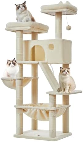 Taoqimiao Cat Tree 57.5-Inch, Cat Tower for Indoor Cats Large Adult, Extra Large Cat Condo, 8 Sisal Scratching Posts, Metal Frame Cozy Hammock, Durable Scratch Board, 2 Top Perches, Beige MS026M