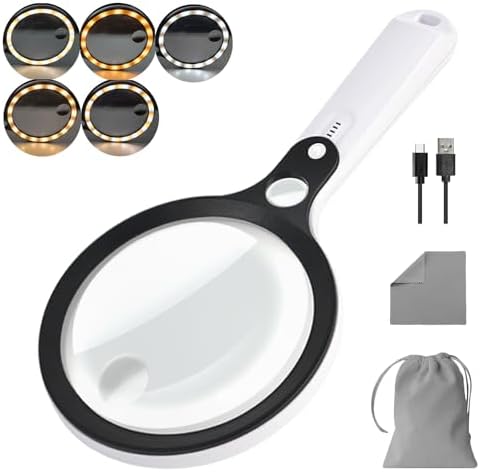 Magnifying Glass with 48 LED Light, 10X 20X 45X Handheld Illuminated Lighted Magnifier with 5 Light Modes Rechargeable Magnifying Glass for Seniors Reading Inspection (Black & White)