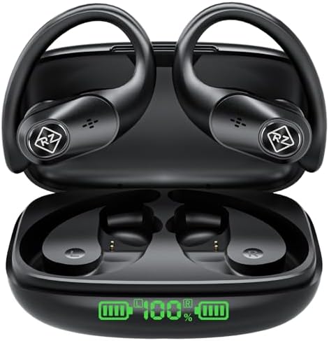 Wireless Earbuds Bluetooth Headphones 96H Playtime LED Display Waterproof Built in Mic Deep Bass Sound Secure Over Ear buds Earhooks for iPhone Android Samsung Cell Phones Sport Running Workout Gaming