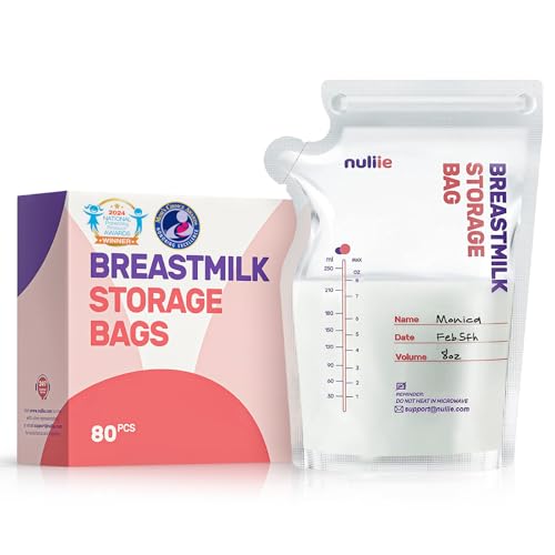 Nuliie 80 Pcs Breastmilk Storage Bags, 8 OZ Breast Milk Storing Bags, BPA Free, Milk Storage Bags with Pour Spout for Breastfeeding, Self-Standing Bag, Space Saving Flat Profile