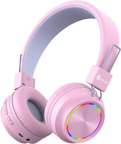 iClever BTH03 Kids Bluetooth Headphones, Colorful LED Lights, 35H Playtime, Bluetooth 5.4, Type C Fast Charging, Safe Volume, Stereo Sound Mic, On Ear Kids Wireless Headphones for iPad Airplane, Pink