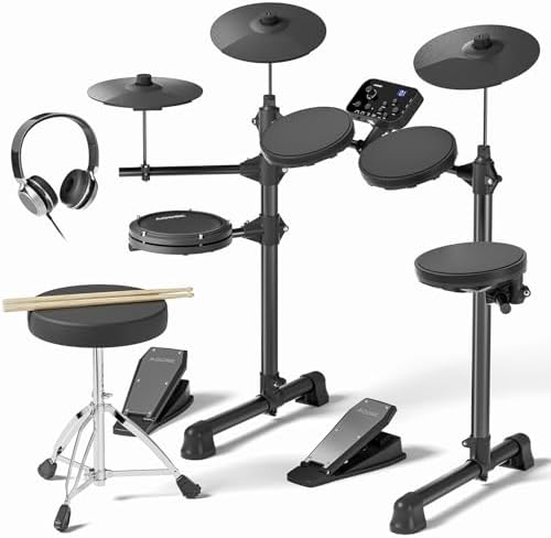 AODSK Electronic Drum Set for Beginner Kids with 150 Sounds,4 Quiet Drum Pads,2 Switch Pedal,Drum Throne,Drumsticks,On-Ear Headphone,AED-400