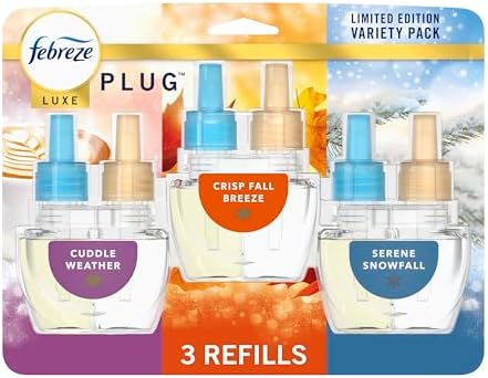 Febreze Plug In Air Freshener, Odor-Fighting Scented Oil Refill, Air Fresheners for Home and Bathroom and Kitchen, Long Lasting for Strong Odors, Premium Holiday Mix, 0.87oz Refills, 3 Count
