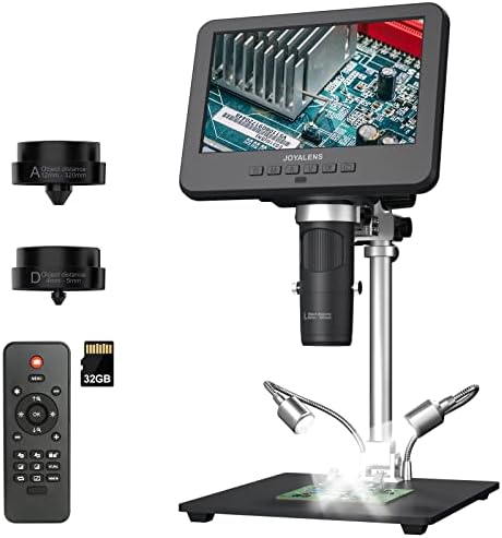 JL246MS 3 Lens 7'' LCD HDMI Digital Microscope 2000x, 24MP Soldering Microscope Pro Metal Stand for Vertical Horizontal Adjust, Coin Microscope, Biological Microscope, PC Support, 32G Card