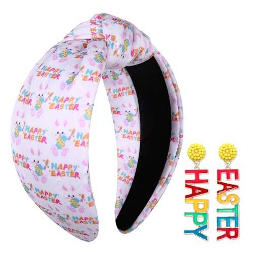 Crystal Knotted Headband with Printed Bunny, Egg & Carrot Top Knot - Spring & Easter Hair Accessory, Holiday Party Gift