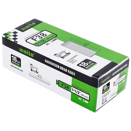 meite F38 18 Gauge 1-1/2 Inch Leg Length Galvanized Brad Nails Ideal for Upholstery, Trims, Molding, Woodworking 5,000 PCS/Box (1 Case - 12 Boxes)
