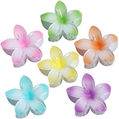 Hawaiian Plumeria Hair Accessories - 6 Pack Large Claw Clips for Thick and Thin Hair, Beach Tropical Hair Clips for Women and Girls
