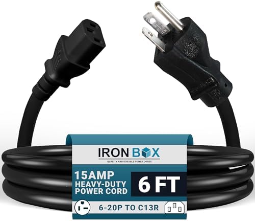 IronBox Electric - NEMA 6-20P Plug to IEC C13 Power Cord - 15A/250V, 14/3 AWG - UL Listed Heavy Duty Power Cord - Replacement Cords for Monitor, Computer, Printer, Audio Speaker & More (6ft, Molded)