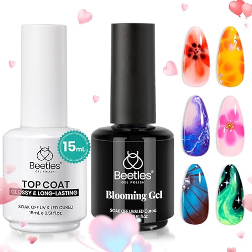 Beetles Nail Blooming Gel and Top Coat No Wipe Gel Nail Polish Set 2 Pcs 15ml Upgrade Super Shiny for Spreading Effect Marble Natural Stone Watercolor Floral Print Soak Uv Lamp off Nail Gel