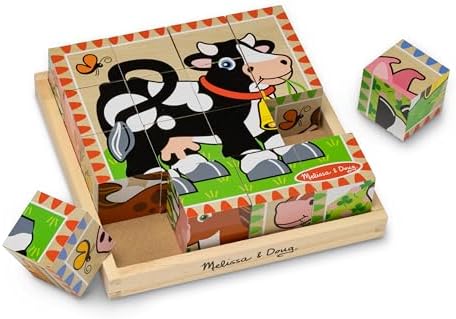 Melissa & Doug Farm Wooden Cube Puzzle With Storage Tray - 6 Puzzles in 1 (16 pcs) - FSC Certified