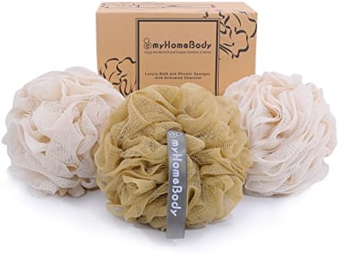 myHomeBody Large 70g Loofah Sponge, Body Scrubber, Bath Sponge, Loofah for Women, Men, Exfoliating Sponge Shower Pouf with Activated Charcoal - 2 Oat Milk + 1 Caramel, 3 Pack