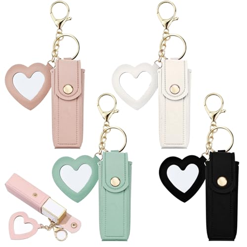 4 PACK PU Leather Potable Chapstick Holder Key Chain Bulk with Mirror, Lipstick Holder Keychain, Lip Balm Organizer Holder Lipstick Travel Makeup Storage Case for Women Girls (Style 1)