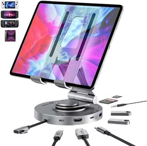 USB C Hub for Ipad Pro Docking Station, FOLODA 8-in-1 Rotatable Folding Type-C Tablet Stand with 4k HDMI, USB C 3.0 Data Port, 2*USB A 3.0, 100W PD Charging, 3.5mm Aux for Ipad Pro/Phone 15/Galaxy Tab