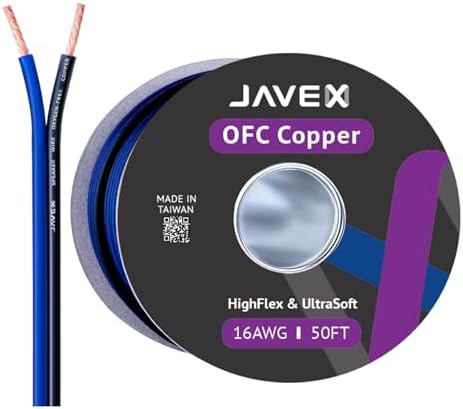 JAVEX 16-Gauge AWG Audio Speaker Wire Cable (50 FT), [OFC Oxygen-Free Copper] Thin Flat Cable for Automotive Car Stereo Audio, HI-FI Stereo, Home Theater, Blue/Black