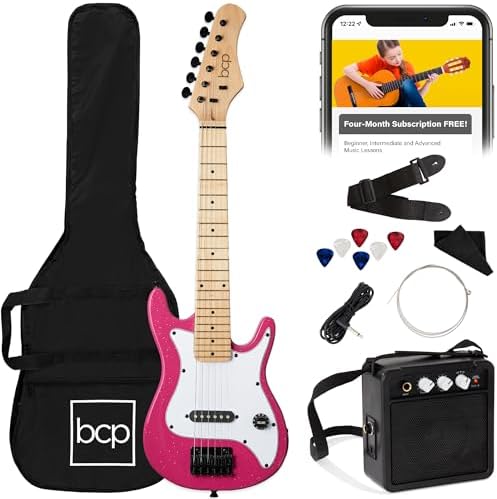 Best Choice Products 30in Kids Electric Guitar Beginner Starter Kit w/ 5W Amplifier, Strap, Gig Bag, Strings, Picks - Pink Sparkle
