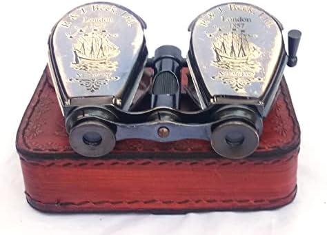 Victorian Antique Solid Brass Binoculars London 1857 with Leather Case, High Powered Binoculars for Hunting and Bird Watching (Black)