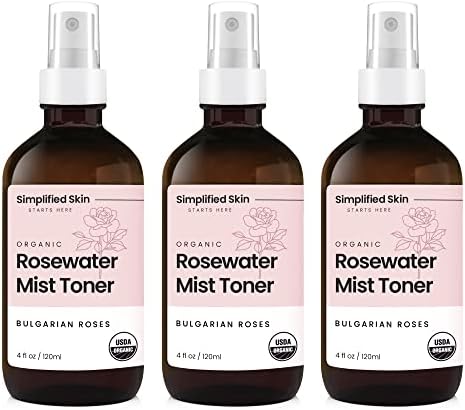 Rose Water Spray for Face & Hair - 100% Natural Organic Face Toner - Alcohol-Free Makeup Remover - Anti-Aging Self Care Beauty Mist - Face Care - Hydrating Rosewater by Simplified Skin (4 oz) - 3 Pack