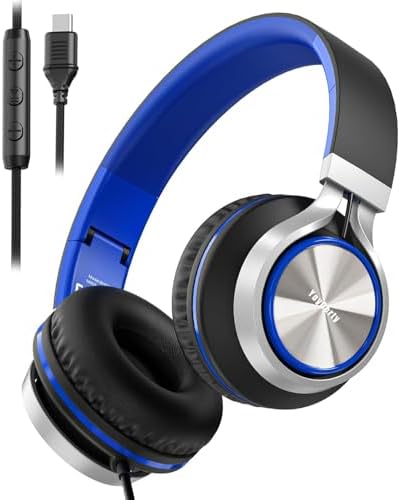Upgrade USB Type C Wired Headphones, Over-Ear Headphones with Microphone and Volume Control Foldable Corded Stereo Headset for Adults/Teens/Toddler/Tablets/Travel-Navy Black