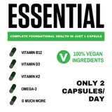 Vegan Omega 3 - Daily Multivitamin Contains Vitamin D, Vitamin B12, Algal Oil for Vegan EPA & DHA - Natural Vitamins, Minerals - 30 Day Supply - Vedge Nutrition Essential