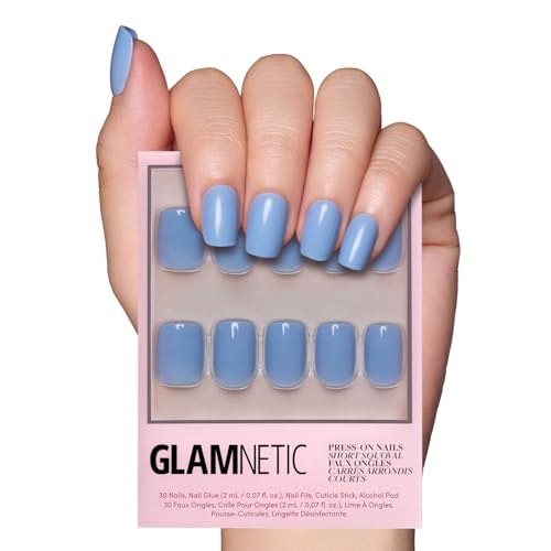 Glamnetic Press On Nails - Cashmere Blue | Opaque Soft Pale Blue Short Squoval False Nails, Reusable Stick On Fake Nails with Glue | Salon Quality | 15 Sizes - 30 Nail Kit