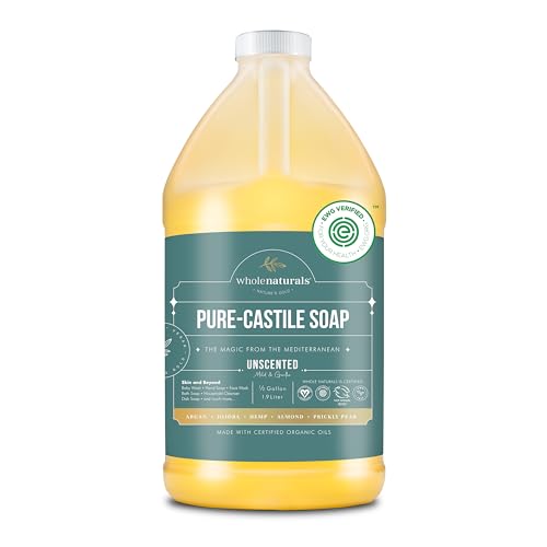 Pure Castile Soap Liquid, EWG Verified & Certified Palm Oil Free Unscented, Natural, Mild & Gentle Non-gmo & Vegan - Organic Body Wash, Laundry, Pet/Dog and Baby Soap - 64 Fl Oz