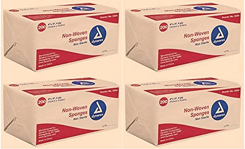 Dynarex Non-Woven Sponges, Non-Sterile, Gauze, for Cleansing, Prepping and Dressing, Highly-Absorbent, Less Linting, 4-Pack, 4"x 4", 4 Ply, 800 Sponges