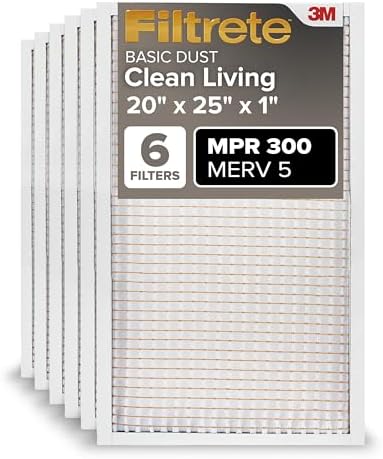 Filtrete 20x25x1 AC Furnace Air Filter, MERV 5, MPR 300, Capture Unwanted Particles, 3-Month Pleated 1-Inch Electrostatic Air Cleaning Filter, 6-Pack (Actual Size19.69x24.69x0.81 in)