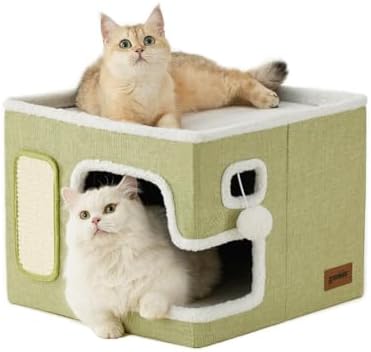 Cat Beds for Indoor Cats - Large Cat House for Pet with Fluffy Ball Hanging and Scratch Pad, Foldable Cat Hideaway,16.5x16.5x13 inches, Green