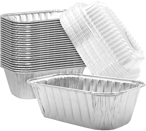 Avant Grub Baking Pan Chef-Grade Quality Extra Thick BPA-Free 6 x 3.75in Tin Loaf Pans w/Lids 25 Pk. Best Disposable Bakeable 1Lb Aluminum Foil Pan for Baking Bread, Small Meatloaf, Lemon Bundt Cake.